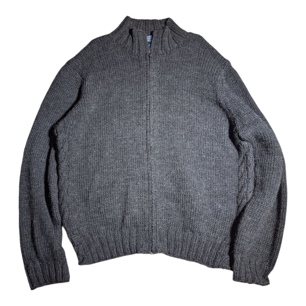 Vtg 1990s Polo Ralph Lauren Gray Wool Full Zip Mock Neck Cable Knit Sweater XL